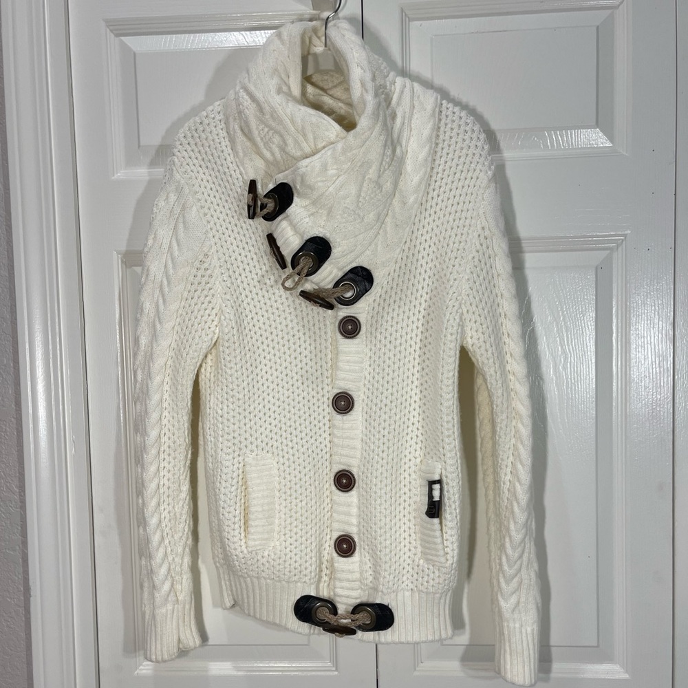 White Leif Nelson Sweater- Men Cable Knit Pullover Shawl Collar Toggle Clasps- M